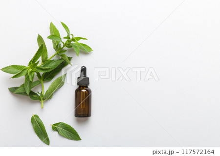 Natural Mint Essential Oil in a Glass Bottle. organic cosmetics with herbal extracts of mint on colored background Natural Mint Essential Oil in a Glass Bottle. organic cosmetics with herbal extracts of mint on colored background 117572164