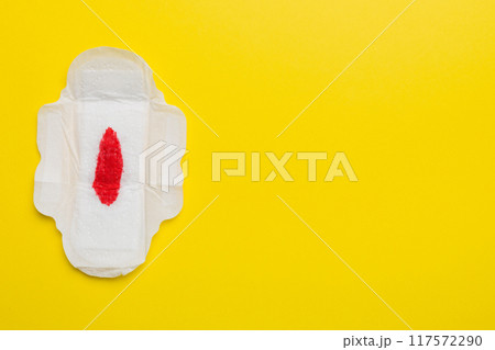 Women hygiene products or Sanitary pad with red feather on colored background. Pastel color. Closeup. Empty place for text. Female daily hygiene 117572290