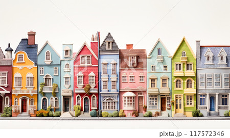 横に並んだカラフルなミニチュアのペンシルハウス 117572346