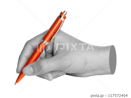Hands with orange pen isolated on transparent background. Contemporary art 117572404