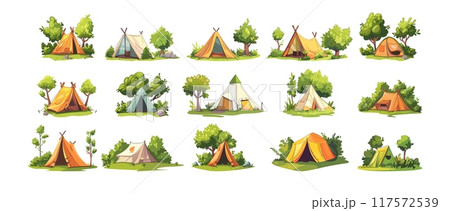 Camping shelter cartoon vector collection. Tents canopies trees bushes verdant grass shrubs ropes summer trekking outdoor excursions ecotourism expeditions gear isolated on white backdrop 117572539