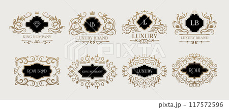Luxury labels. Ornate decorative style premium badges set for luxury identity templates recent vector set with place for text Luxury labels. Ornate decorative style premium badges set for luxury identity templates recent vector set with place for text 117572596