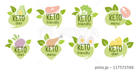 Keto diet. Signs of natural ketogenic food vegetables and fats ingredients recent vector logo or badges collection 117572598