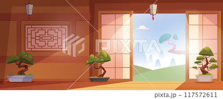 Bonsai interior. Dojo room decoration plants standing on wooden floor exact vector cartoon background Bonsai interior. Dojo room decoration plants standing on wooden floor exact vector cartoon background 117572611