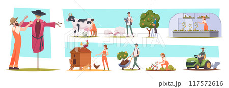 Farmers. Agricultural workers village lifestyle people rural workers daily routine of farmers exact vector template illustrations Farmers. Agricultural workers village lifestyle people rural workers daily routine of farmers exact vector template illustrations 117572616