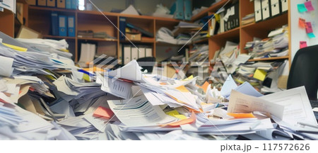 Messy and cluttered office desk. Office chaos with papers and burnout at work Messy and cluttered office desk. Office chaos with papers and burnout at work 117572626