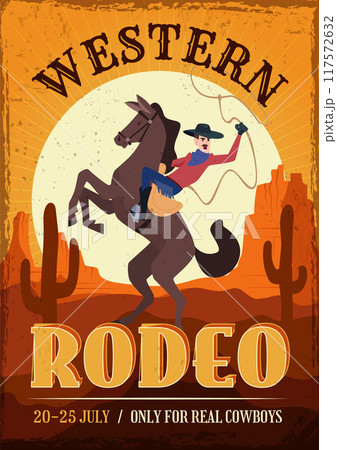 western placard. poster with cowboy with lasso riding on horse. Vector template with place for text rodeo party western placard. poster with cowboy with lasso riding on horse. Vector template with place for text rodeo party 117572632