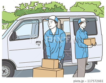 車の前で段ボール箱を台車で運ぶ配送ドライバーの男性と女性 117572881