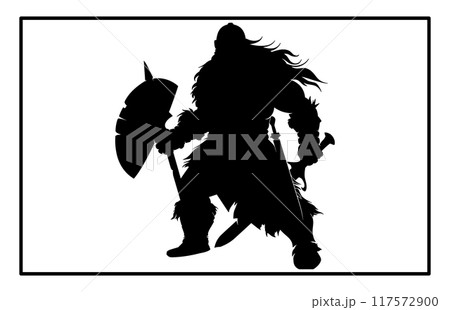 dwarf warrior silhouette, Viking with axe detailed vector silhouette 117572900