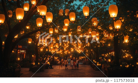 Brightly lit Chinese lanterns hanging from trees in a night garden. Mid-Autumn festival decorations 117573018