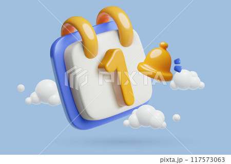 1st day of the month 3d vector calendar with a bell. Reminder icon background 117573063