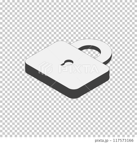 單色掛鎖，鑰匙圖示。等角投影，頂視圖方法 1。帶有主線的插圖。 117573166