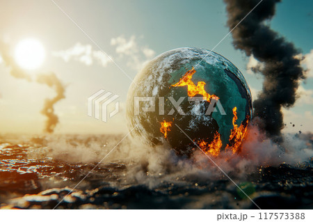 A stylized representation of a boiling Earth, with continents rendered as abstract surrounded by molten lava. A stylized representation of a boiling Earth, with continents rendered as abstract surrounded by molten lava. 117573388