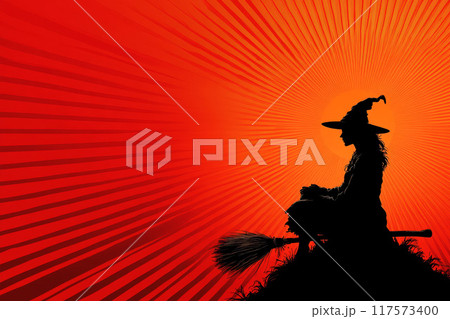 Create a scene of a witch flying on a broomstick through a radial gradient background with a Halloween decorations. Create a scene of a witch flying on a broomstick through a radial gradient background with a Halloween decorations. 117573400
