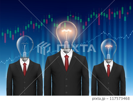 Businessmans in a suits with a light bulb head. 117573468