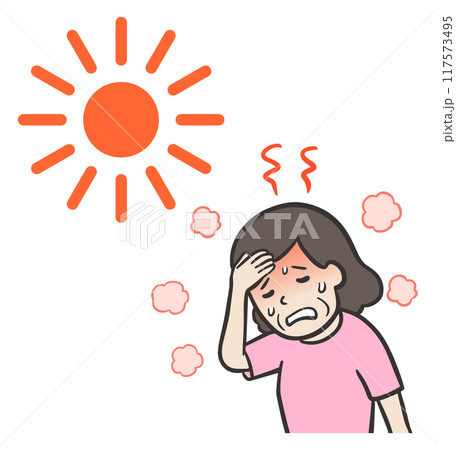 暑さで汗をかき熱中症になる中年女性 117573495