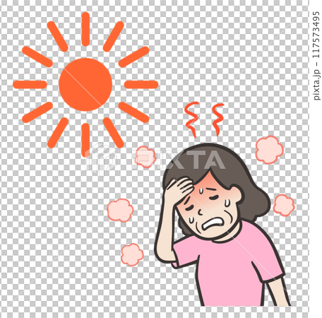 暑さで汗をかき熱中症になる中年女性 117573495