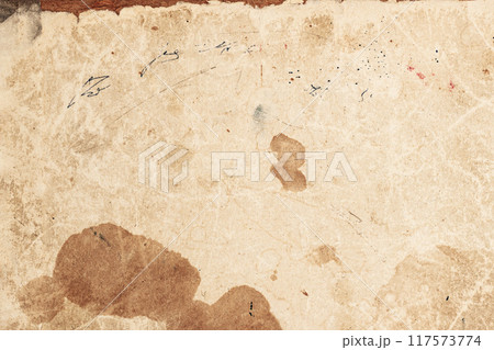 Aged sheet of parchment displaying faded ink marks and various stains, 117573774