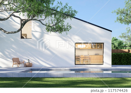 Modern style white house with concrete tile swimming pool 3d render Modern style white house with concrete tile swimming pool 3d render 117574426