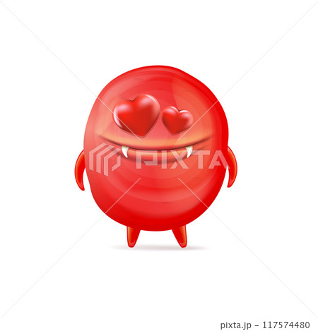 Vector cartoon funny red monster with heart eyes isolated on white background. Silly monster print sticker design template. Cute Ghost, troll, gremlin, goblin, devil and Halloween character Vector cartoon funny red monster with heart eyes isolated on white background. Silly monster print sticker design template. Cute Ghost, troll, gremlin, goblin, devil and Halloween character 117574480
