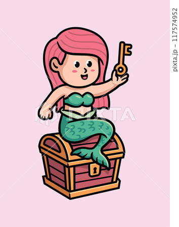 cute mermaid and treasure chest cute mermaid and treasure chest 117574952