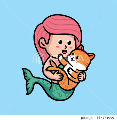 cute mermaid holding cat illustration 117574959