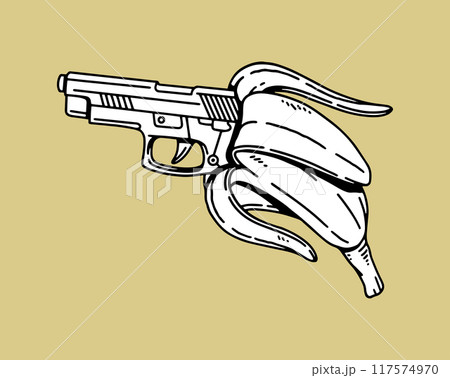 fantasy illustration of banana gun, drawing, ink, line art 117574970