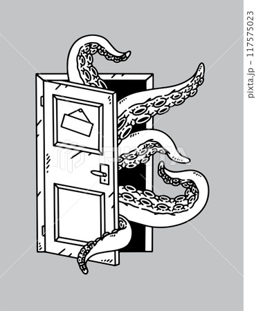 fantasy illustration of tentacles out of the door, drawing, ink, line art fantasy illustration of tentacles out of the door, drawing, ink, line art 117575023