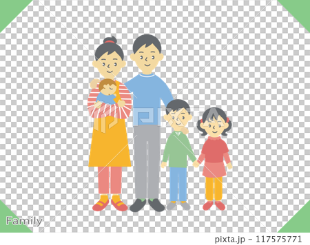 家庭插圖，年輕夫婦和三個孩子的家庭 117575771