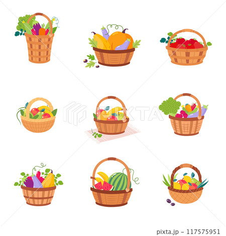 Harvest in Basket with Ripe Agricultural Crop Vector Set 117575951