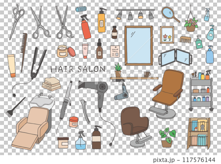 美容院にまつわる手描きイラストセット（カラー） 117576144