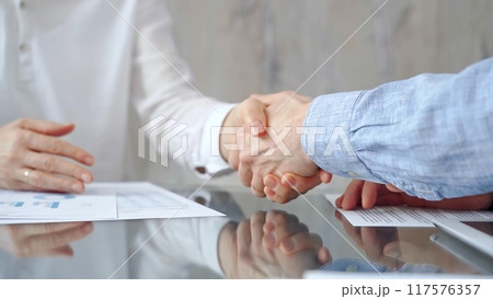 Business people shaking hands over contract agreement and financial papers at the glass table. Professional handshake, close up Business people shaking hands over contract agreement and financial papers at the glass table. Professional handshake, close up 117576357