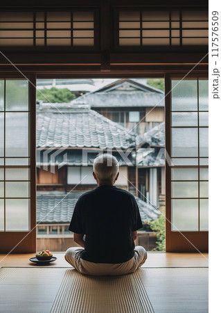 景色を眺める高齢者 117576509