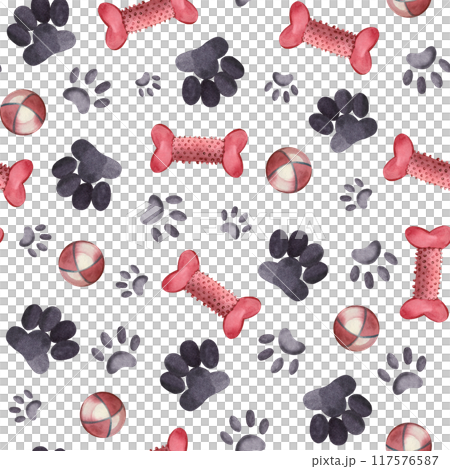 Seamless pattern. Traces of dogs and cats, animal toys, dog bones, balls, all objects are handed manually by watercolor on a white background. Suitable for printing on fabric, paper, packaging. Seamless pattern. Traces of dogs and cats, animal toys, dog bones, balls, all objects are handed manually by watercolor on a white background. Suitable for printing on fabric, paper, packaging. 117576587