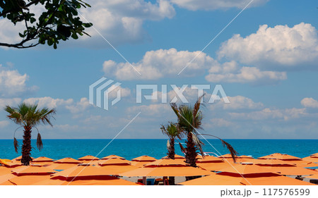 Cloudy sky over the serene surface of the sea above the roofs of bright orange sun umbrellas Cloudy sky over the serene surface of the sea above the roofs of bright orange sun umbrellas 117576599