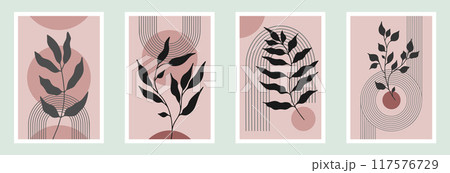 Zen arch poster set with botanical element, simple line arch shapes, and leavs. Geometric Japanese zen pattern minimal elements. Boho style strips, Zen arch poster set with botanical element, simple line arch shapes, and leavs. Geometric Japanese zen pattern minimal elements. Boho style strips, 117576729