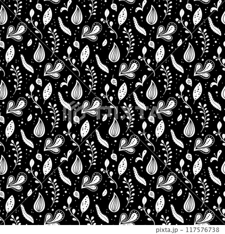 Seamless neo folk art vector pattern with flowers, black and white floral design. Neo folk style endless background perfect for textile design. Seamless neo folk art vector pattern with flowers, black and white floral design. Neo folk style endless background perfect for textile design. 117576738