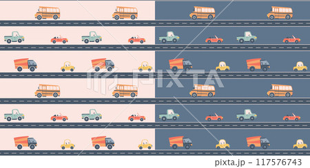 Kids seamless pattern with car, bus and road. Perfect for fabric , digital paper, cards. Kids seamless pattern with car, bus and road. Perfect for fabric , digital paper, cards. 117576743