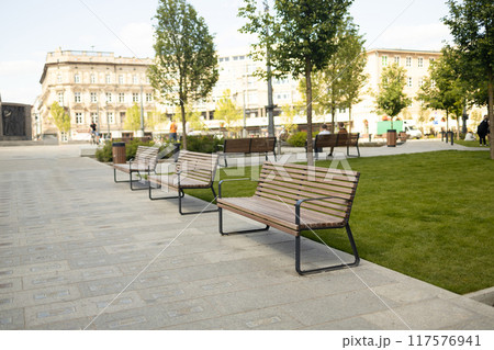 Perspective view of paved path with green lawn, decorative grass and modern wooden benches in front of gabion tree tubs made of wire and filled with stones in recreation area near modern office build 117576941