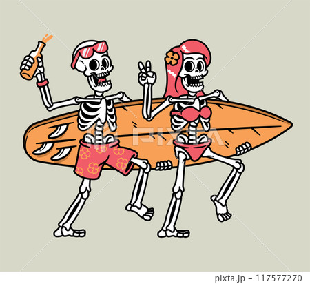 skull couple carrying surfboards illustration 117577270