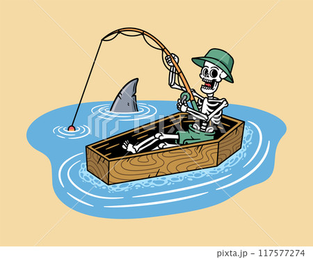 Skull fishing on a boat illustration Skull fishing on a boat illustration 117577274