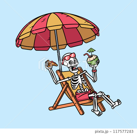skull relaxing while drinking coconut 117577283