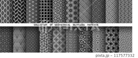 Geometric set of seamless black and gray patterns. Simple vector graphics Geometric set of seamless black and gray patterns. Simple vector graphics 117577332