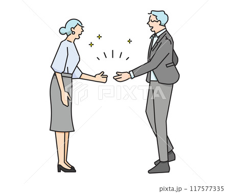 握手をする男女ー交渉成立ー契約ー成功ービジネスパーソン男女全身横向きーシンプルベクターイラスト素材 117577335