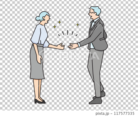 Men and women shaking hands - Negotiations concluded - Contract - Success - Business people men and women full body sideways - Simple vector illustration material 117577335