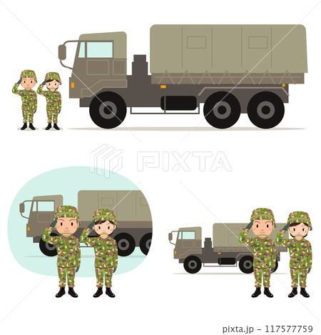 自衛隊　敬礼をする男性と女性自衛官、トラックのイラスト 117577759