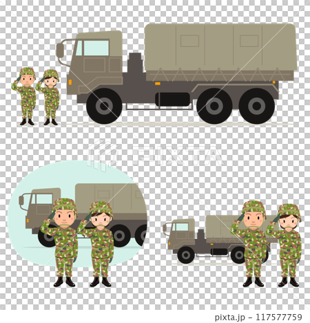 自衛隊 敬禮的男女自衛隊人員和一輛卡車的插圖 自衛隊 敬禮的男女自衛隊人員和一輛卡車的插圖 117577759