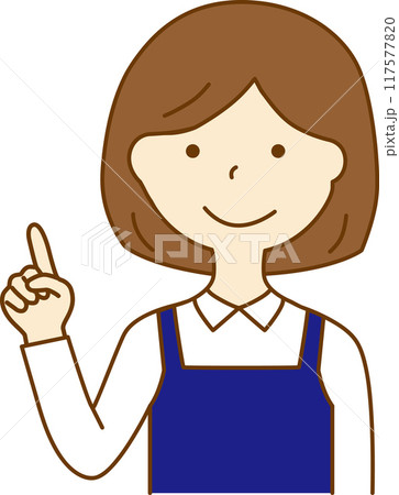 指を指すエプロンをつけた女性 117577820