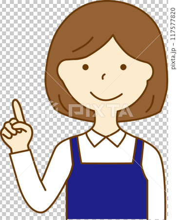指を指すエプロンをつけた女性 117577820