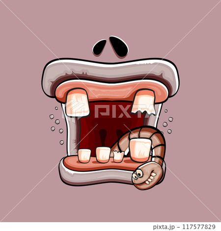 Vector cartoon funny silly zombie monster mouth with rotten teeth and worm isolated on grey background. Vector happy Halloween kids t-shirt design template with funky monster face 117577829